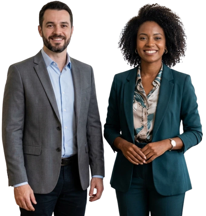 Homem e mulher com roupa social representando a contabilidade em Nova Bandeirantes - MT